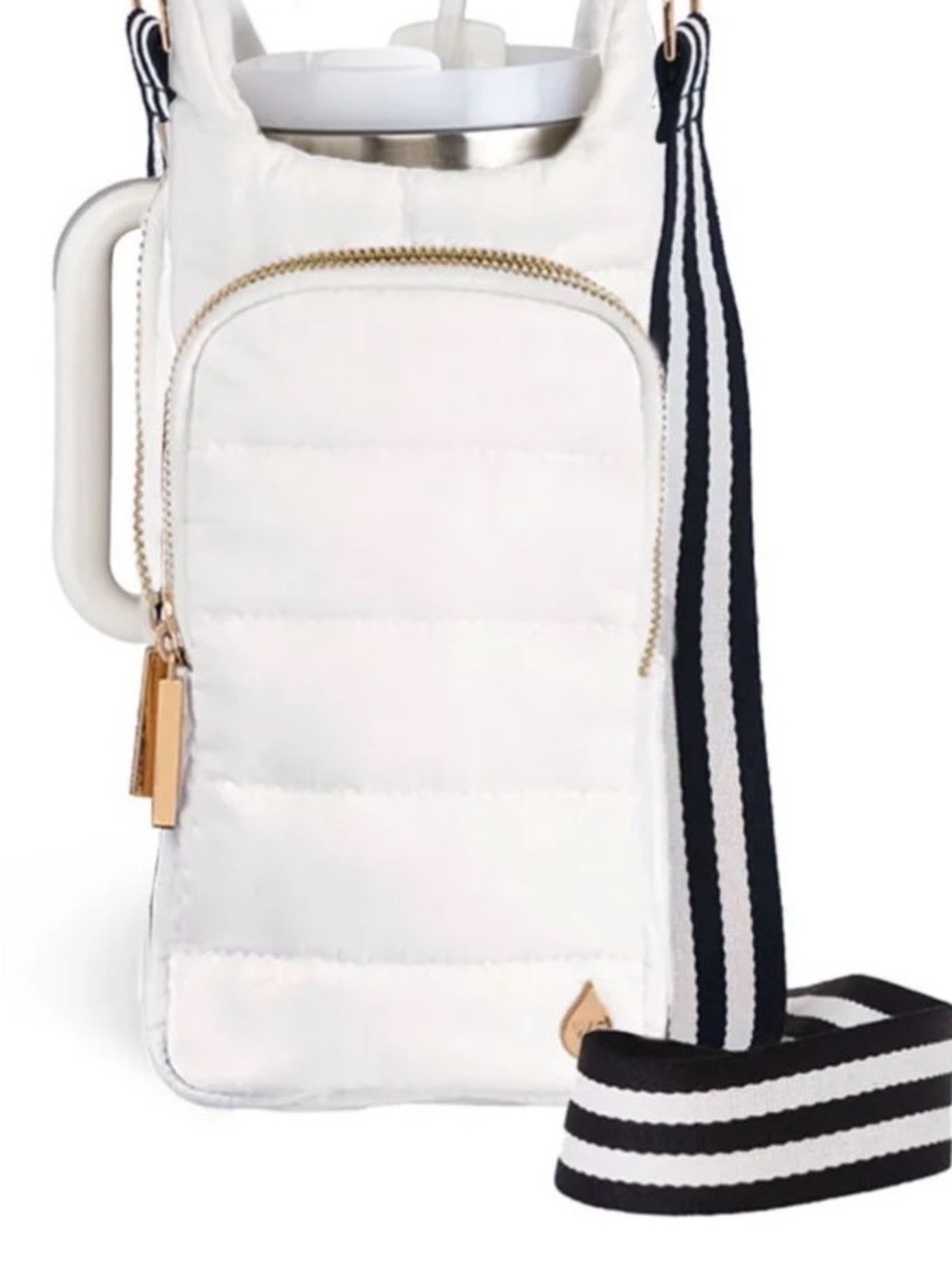 WanderFull White/Blk Insulated Bottle Carrier with Luxe Striped Handle